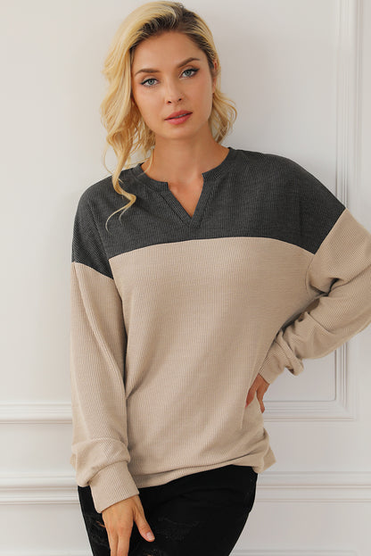 Carbon Grey Notched Neck Colorblock Corded Sweatshirt