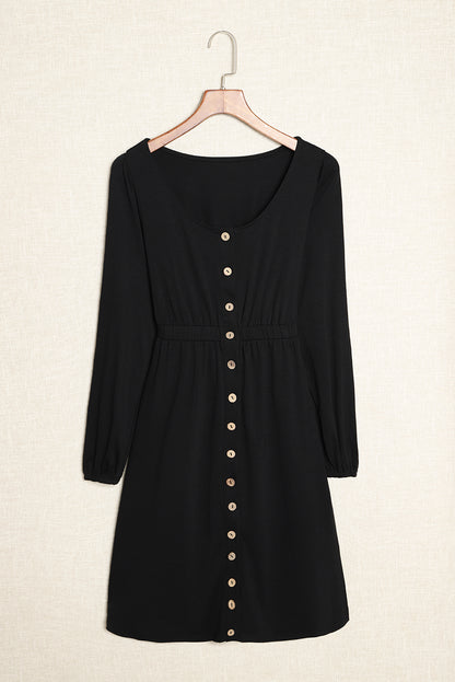 Black Button Up High Waist Long Sleeve Dress