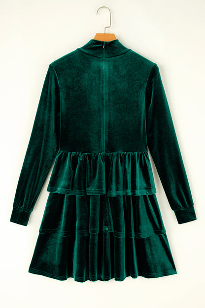 Evergreen Velvet High Neck Tiered Ruffle Mini Dress