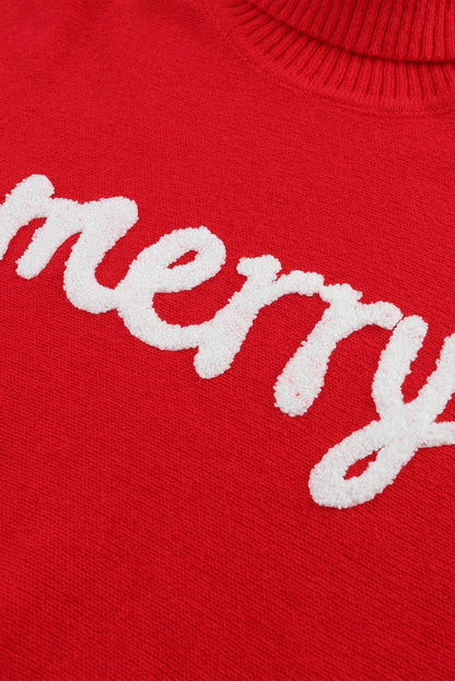 Red Merry Letter Embroidered High Neck Sweater