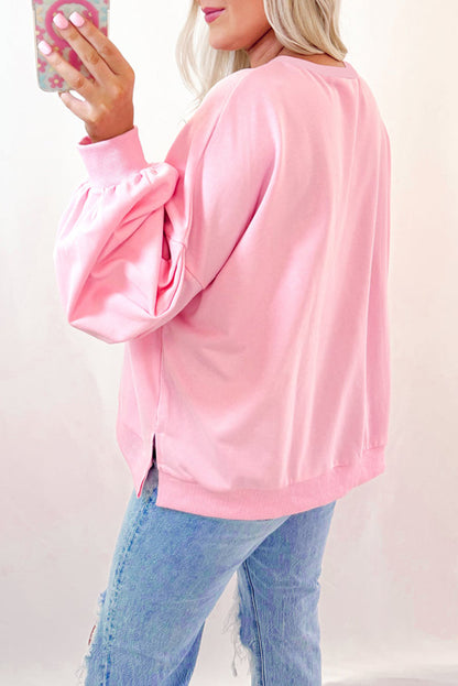 Light Pink Embroidered Bow Lantern Sleeve Oversized Pullover Sweatshirt