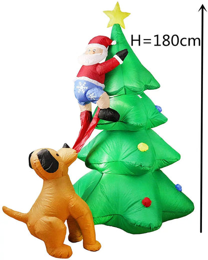 6FT 1.8M Christmas Inflatable Santa Claus Climbing Tree Chased by Dog Yard