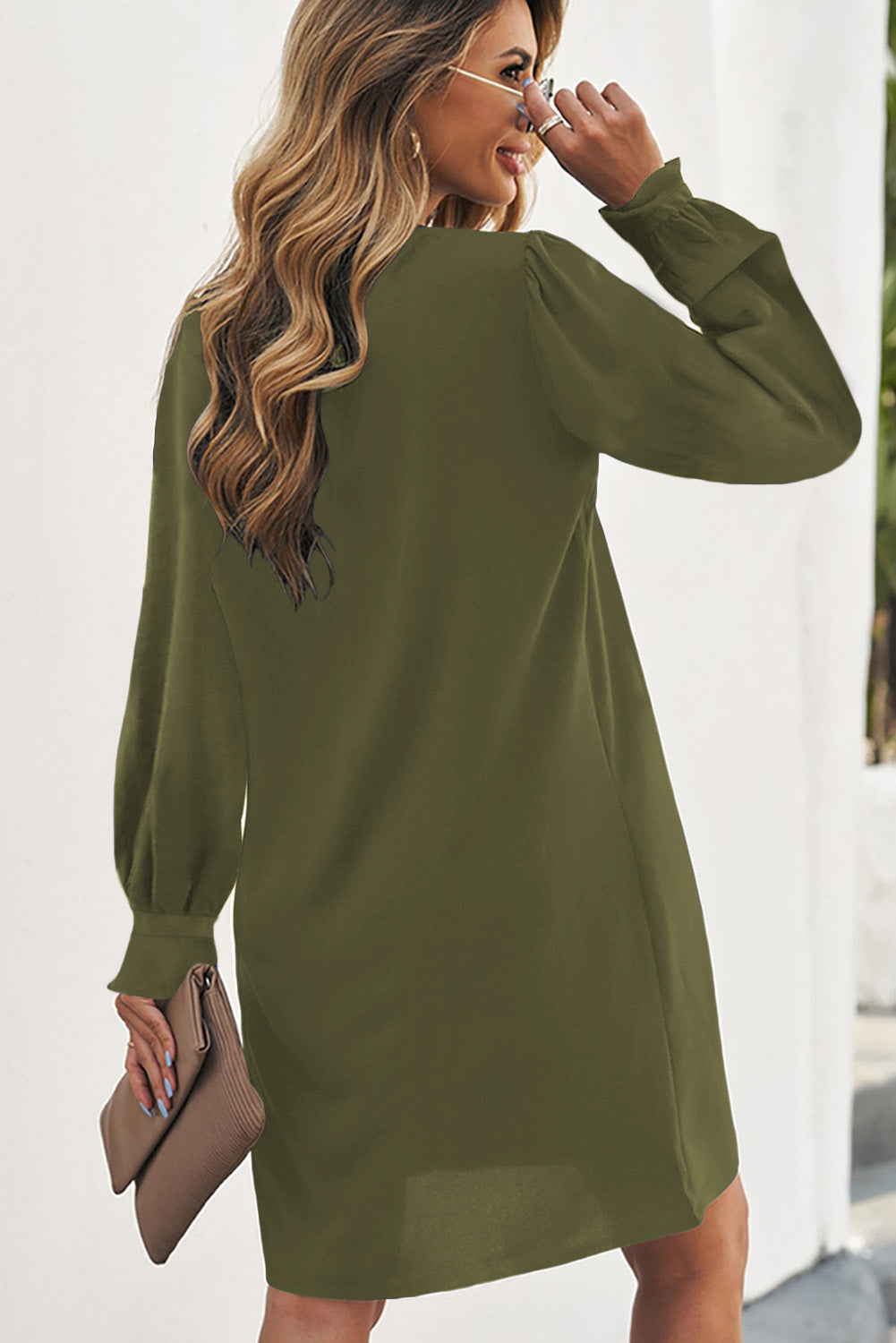 Green Split V Neck Ruffled Sleeves Shirt Dress