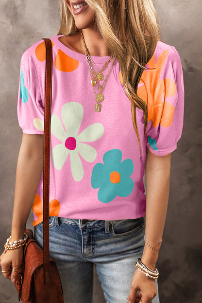 Apricot Flower Print Bubble Sleeve Tee