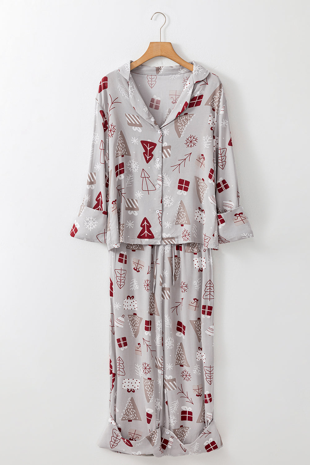 Light Grey Christmas Printed Shirt and Pants Pajama Set