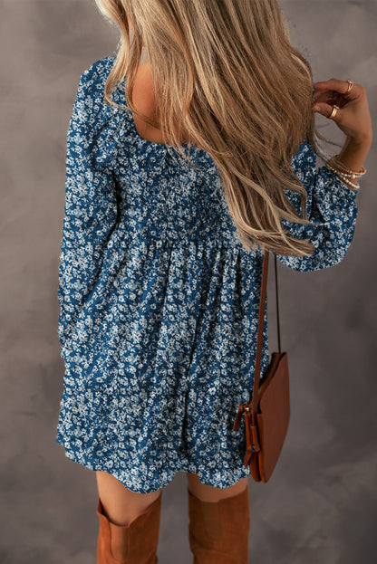 Blue Floral Print Sweetheart Neck Shirred Back Mini Dress