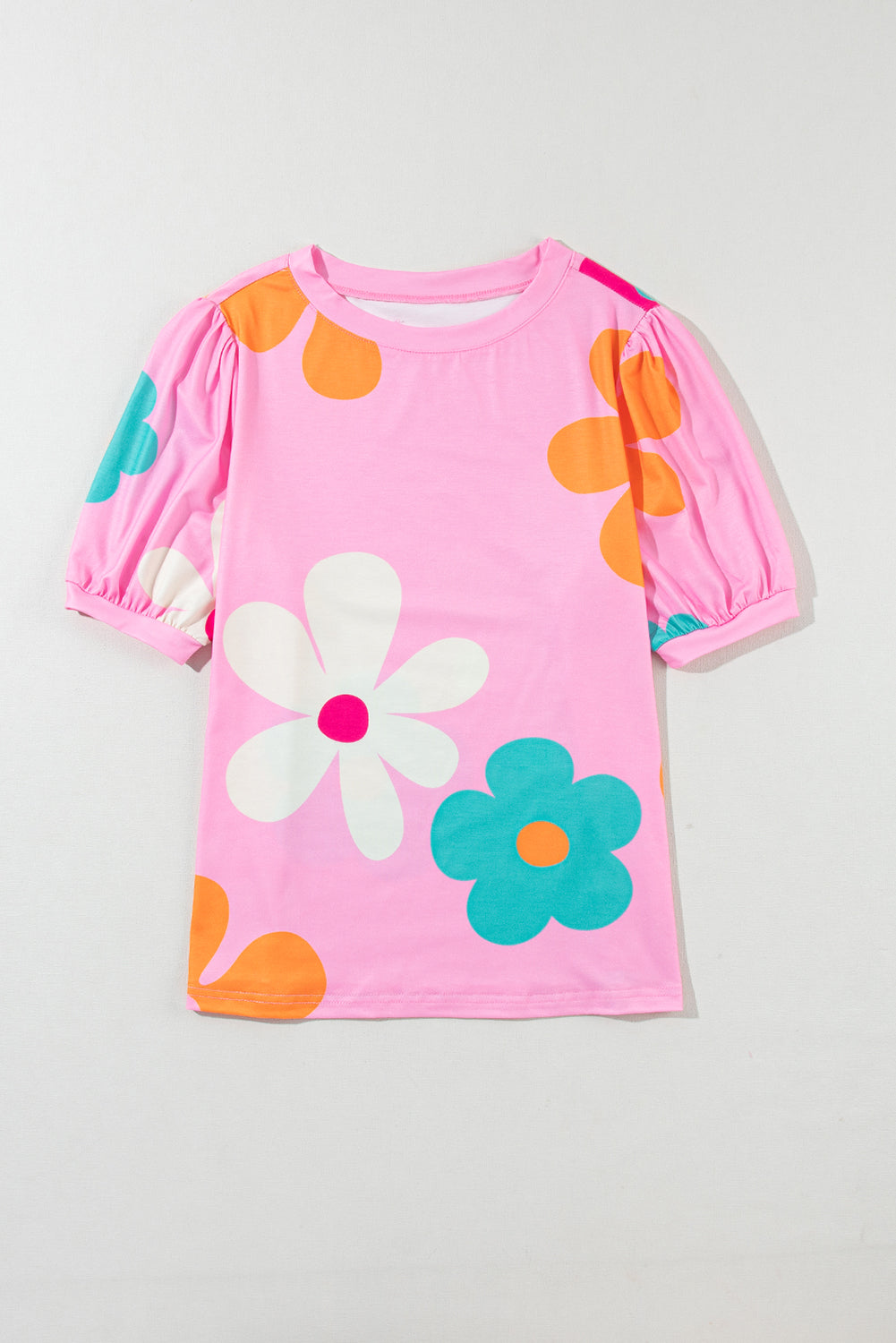 Apricot Flower Print Bubble Sleeve Tee