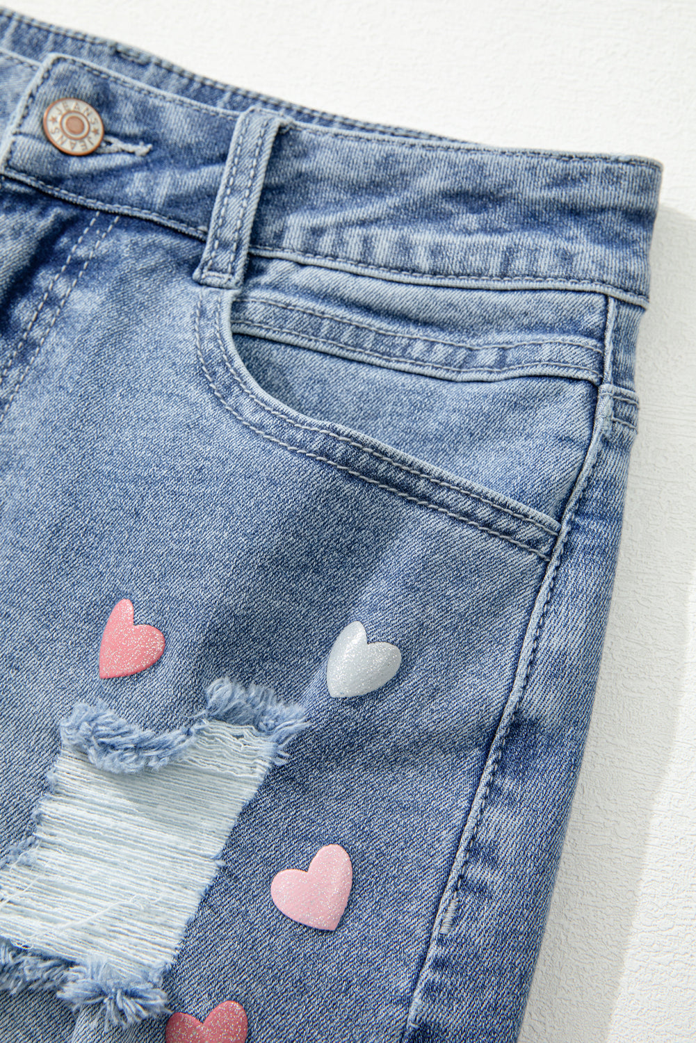 Beau Blue Shimmer Heart Pattern Distressed Denim Mini Skirt