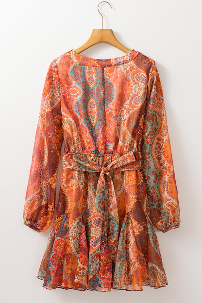 Orange Boho Paisley Print Long Sleeve Pleated Belted Mini Dress