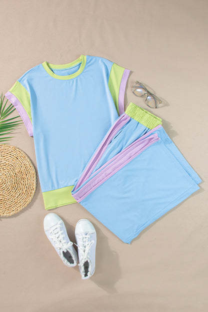 Sky Blue Color Block Detail Casual Two-piece Outfit