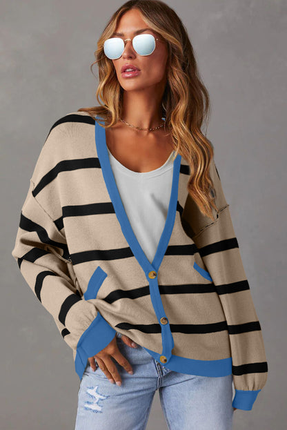 Black Colorblock Drop Shoulder Buttoned Loose Cardigan