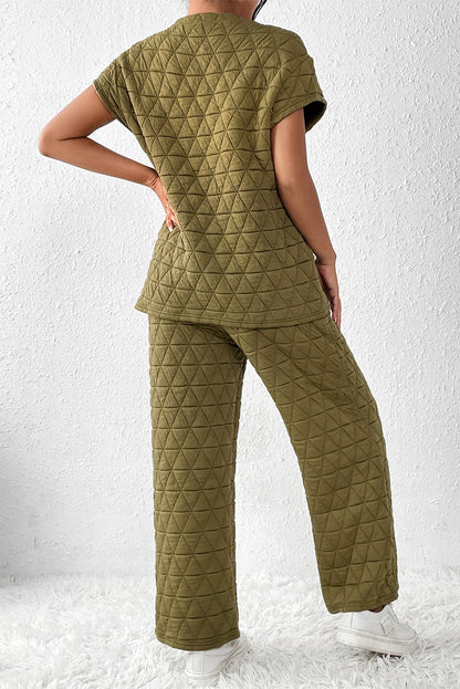 Sage Green Quilted Short Sleeve Wide Leg Pants Set