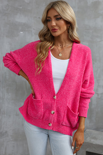 Rose Buttons Front Pocketed Sweater Cardigan