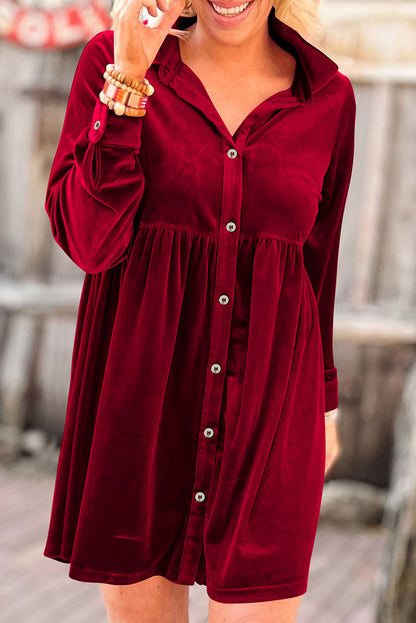 Fiery Red Long Sleeve Ruffle Velvet Button Up Dress