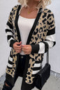 Dark Blue Stripe Sleeve Leopard Print Open Front Cardigan With Pockets