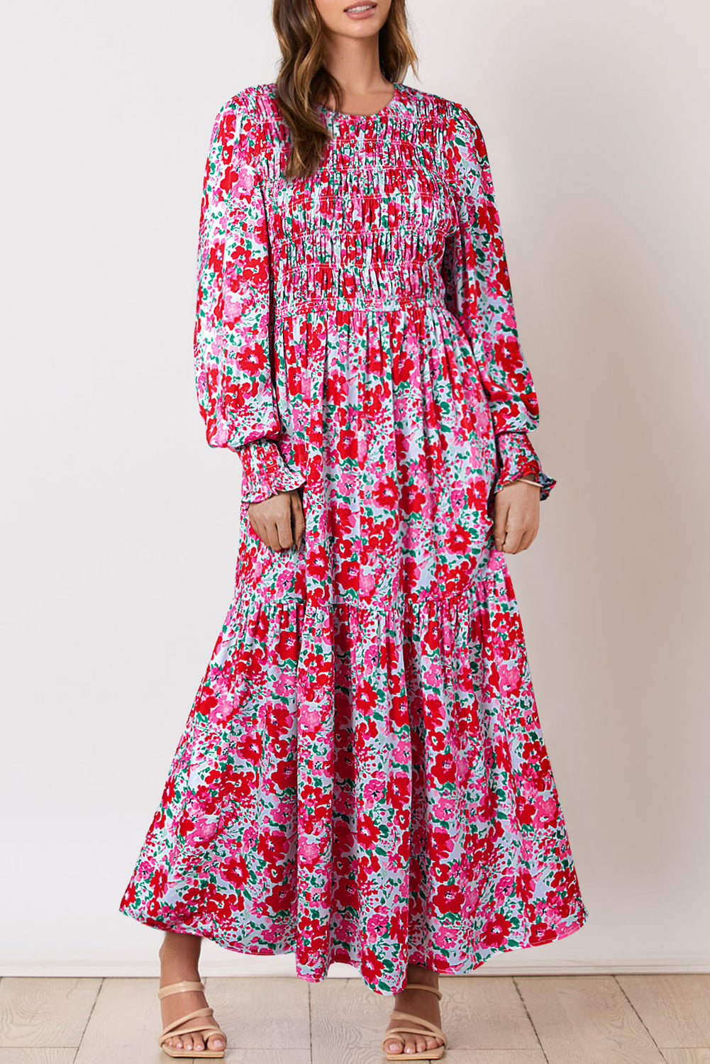 Sky Blue Floral Print Smocked Lantern Sleeve Tiered Maxi Dress