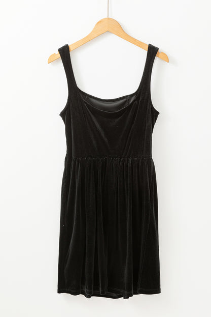 Black Velvet Square Neck Sleeveless High Waist Mini Dress with Pockets