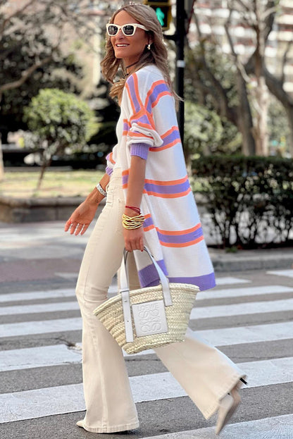 Beige Striped Long Sleeve Ribbed Trim Button Cardigan