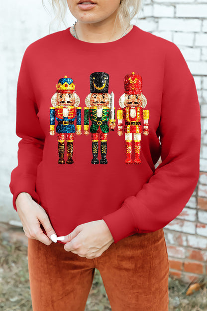 Red Christmas Metallic Nutcracker Graphic Crew Neck Sweatshirt