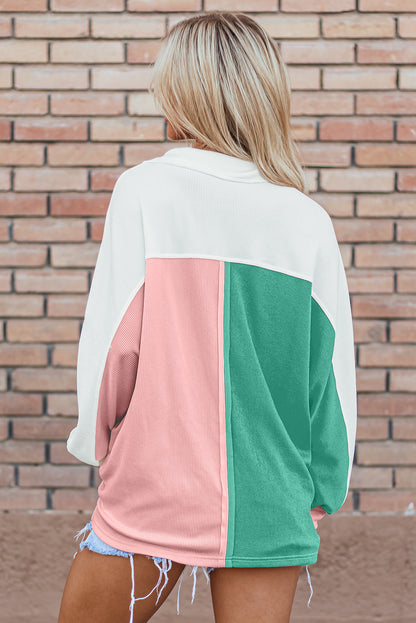 Pink Colorblock Ribbed Collared Oversized Sweatshirt