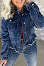 Beau Blue Ruffle Raw Hem Flap Pockets Denim Jacket