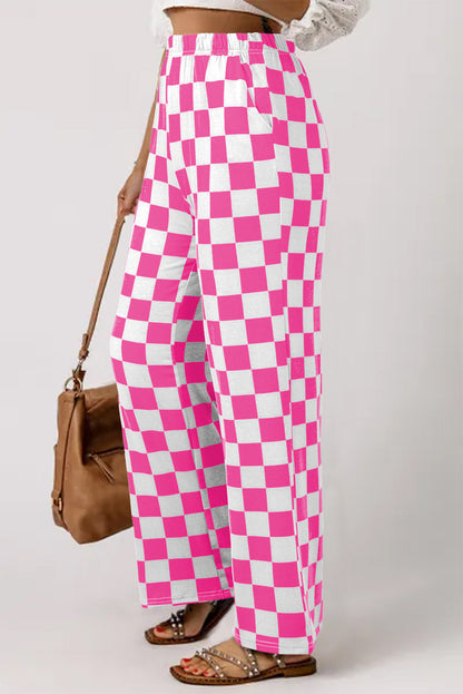 Black 2-Tone Checked Print High Waist Wide Leg Pants