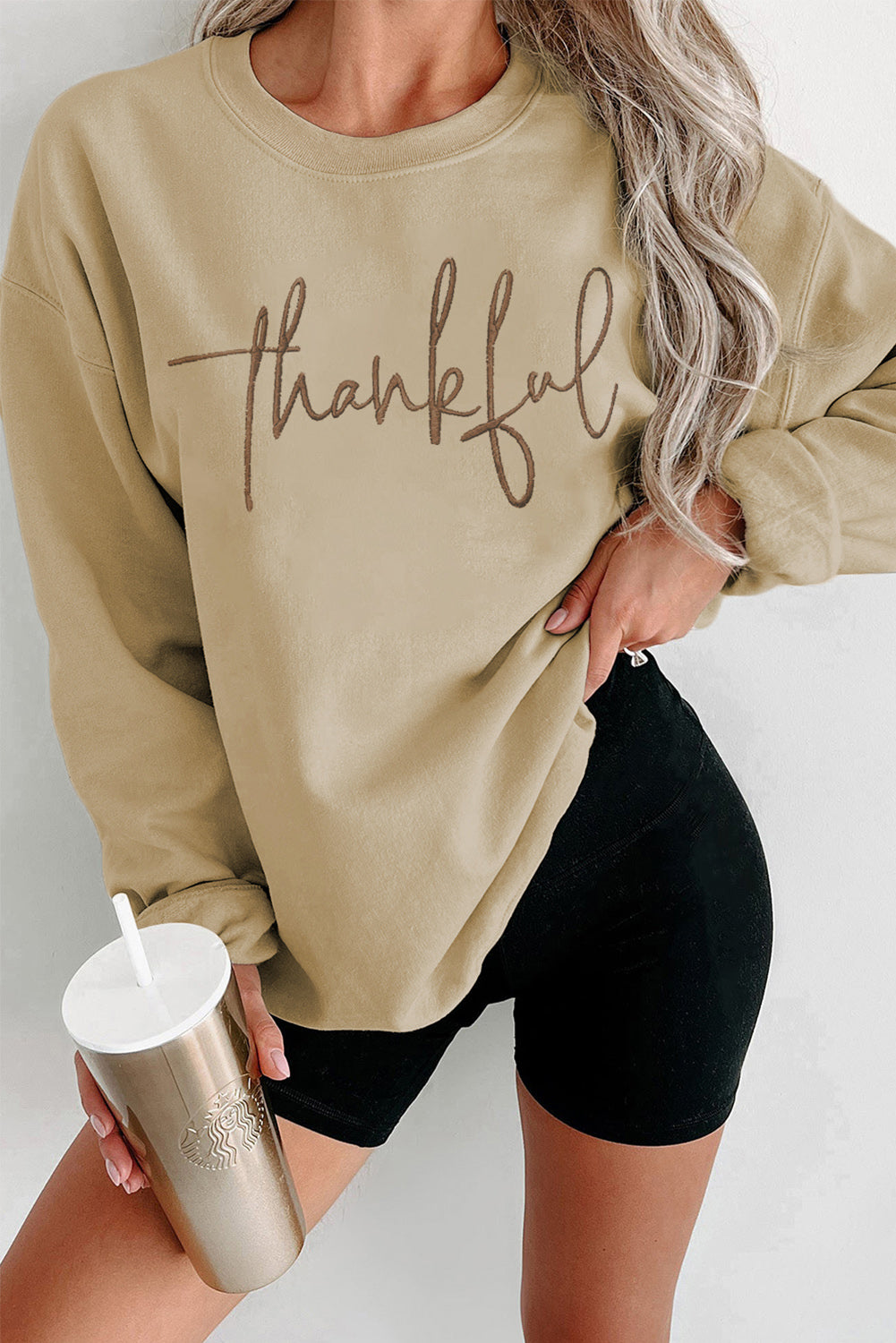 Parchment thankful Embroidered Drop Shoulder Pullover Sweatshirt