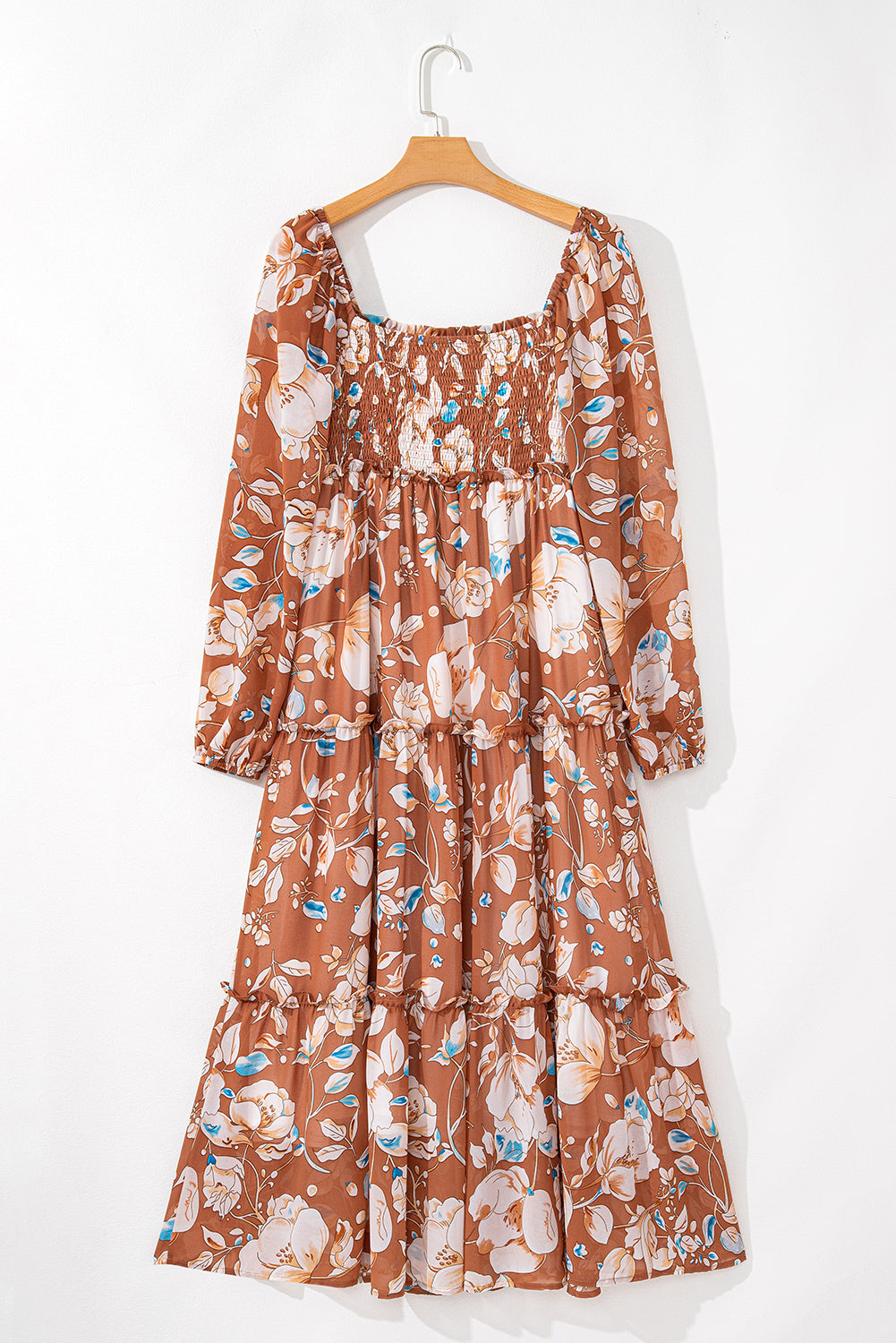 Brown Floral Print Shirred Square Neck High Waist Maxi Dress