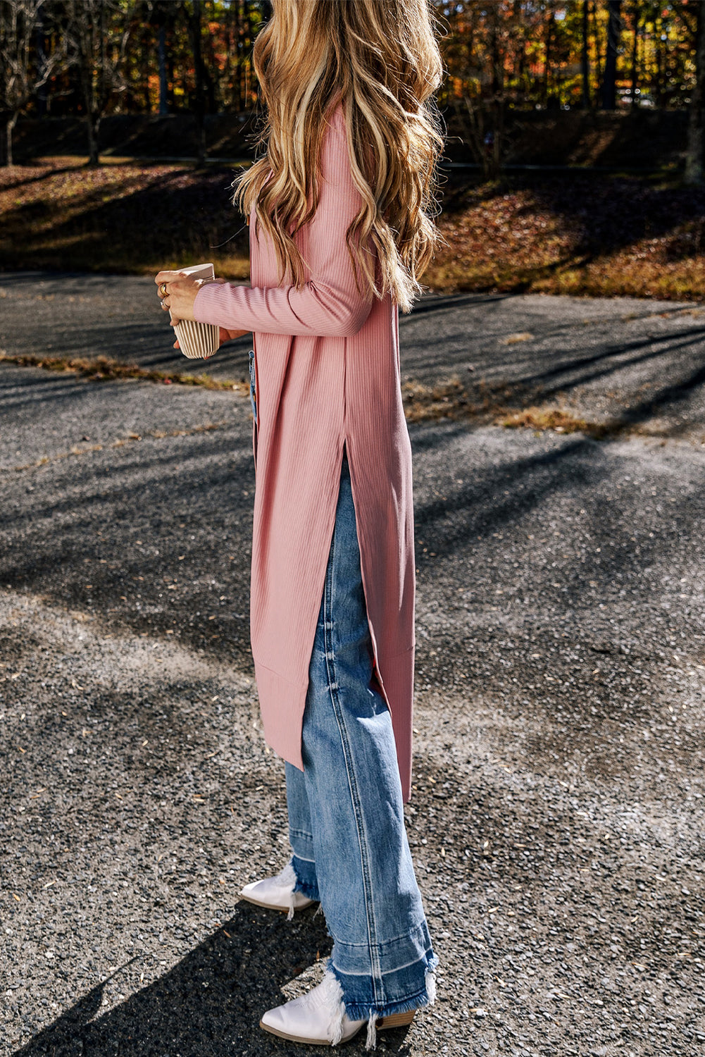 Pink Ribbed Button-Up Split Duster Cardigan