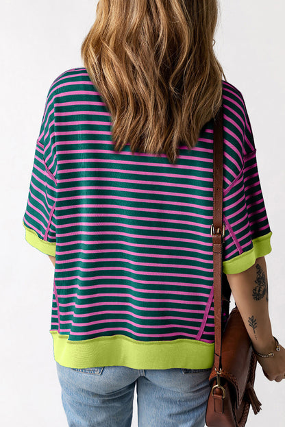 Orange Stripe Oversized Contrast Trim Exposed Seam High Low T Shirt