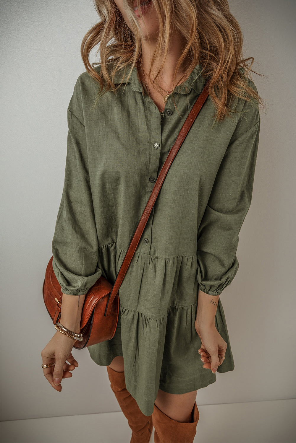 Jungle Green Puff Sleeve Buttoned Tiered Pleated Shirt Mini Dress