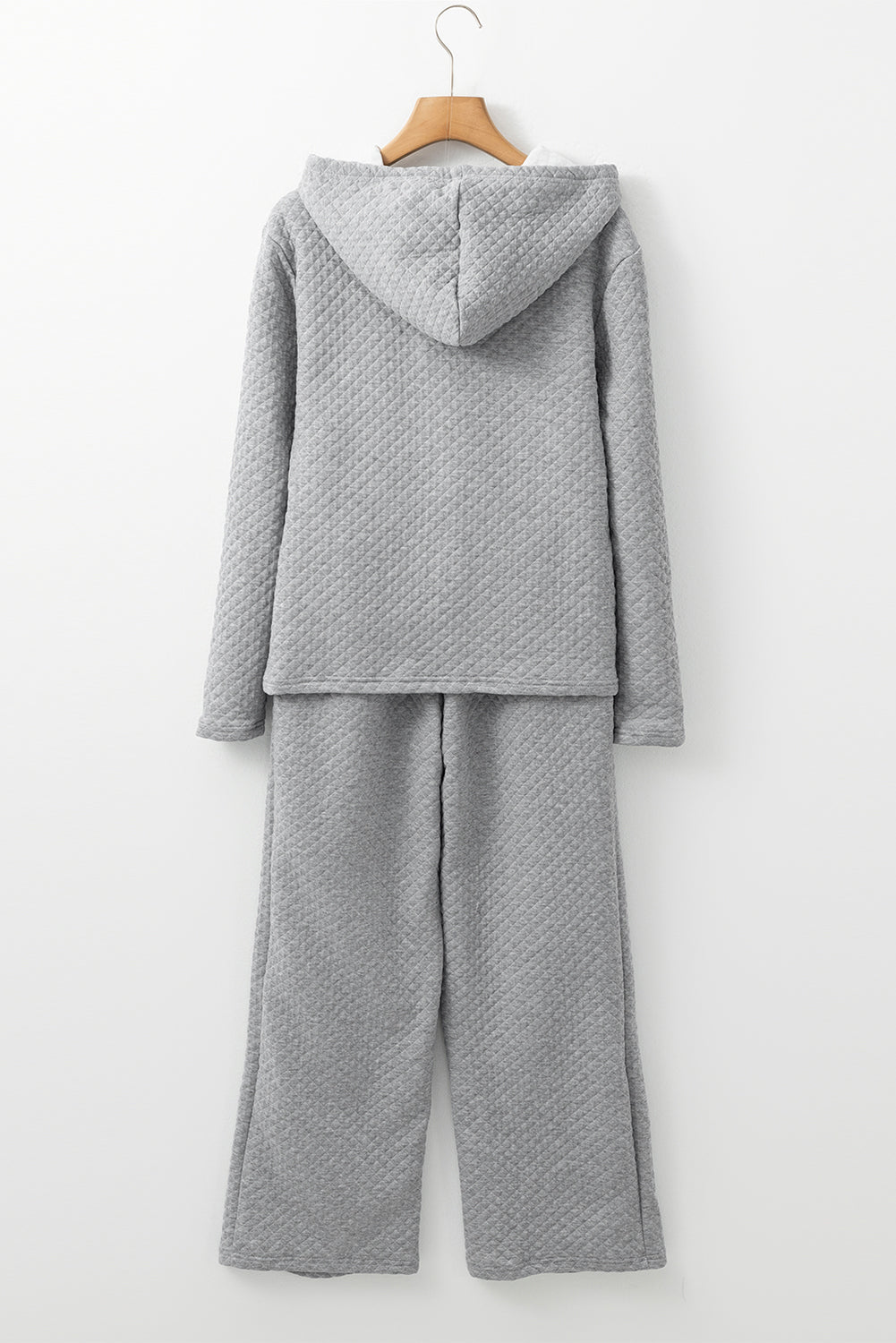 Gray Solid Color Drawstring Hoodie and Wide Leg Pants Set