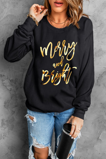 Black Merry & Bright Letter Print Pullover Sweatshirt