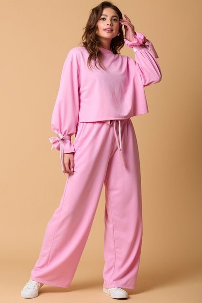 Bonbon Solid Color Drawstring Long Sleeve Top and Pants Set