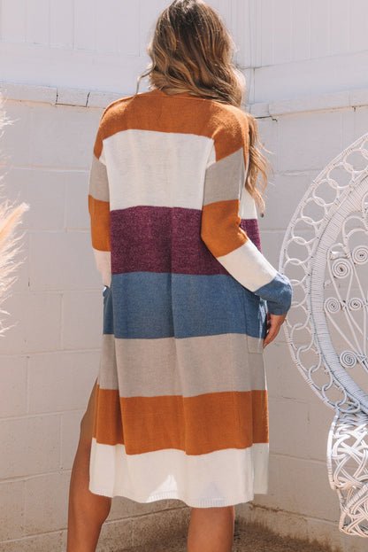 Multicolor Colorblock Open Front Long Knit Cardigan