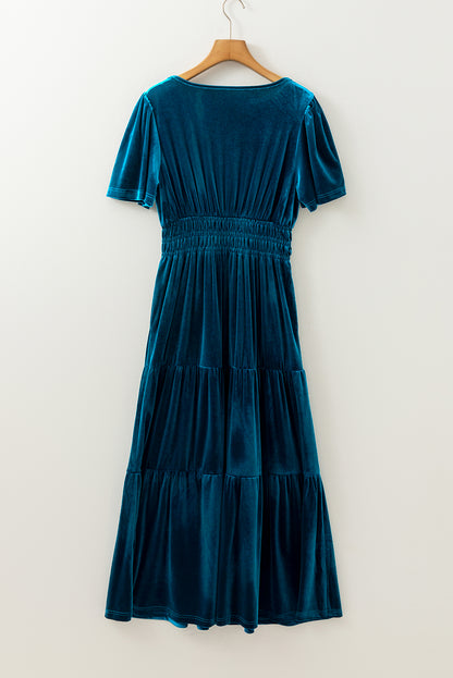 Prussian Blue Velvet Short Sleeve Shirred Waist Tiered Maxi Dress