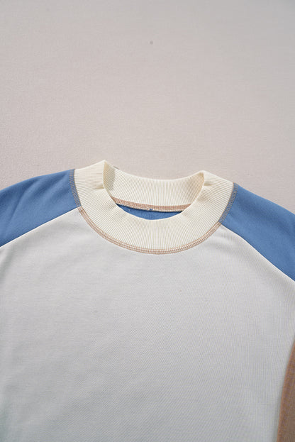 Sky Blue Ribbed Detail Color Block Sleeve Baggy Sweatshirt