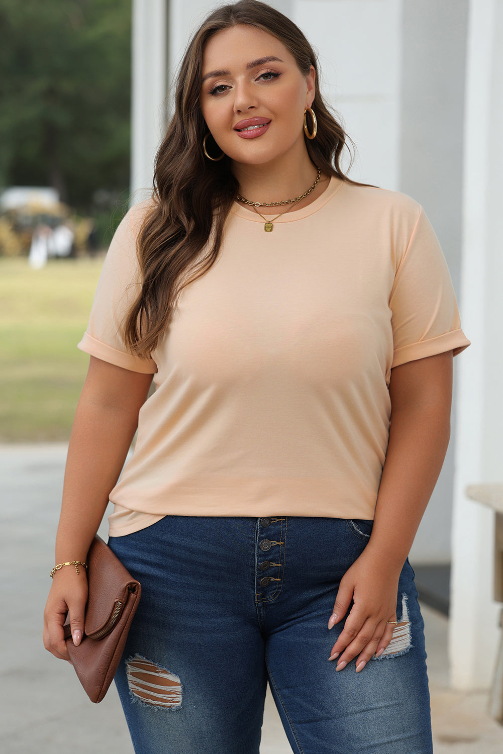 White Casual Plain Crew Neck Tee