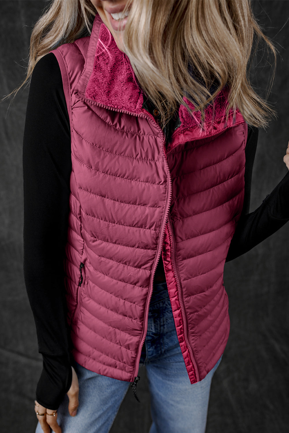 Silvery Plush Collared Quilted Zipped Puffer Vest