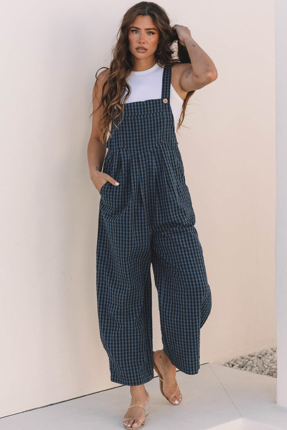 Sail Blue Plaid Print Buttoned Pocketed High Waist Overall