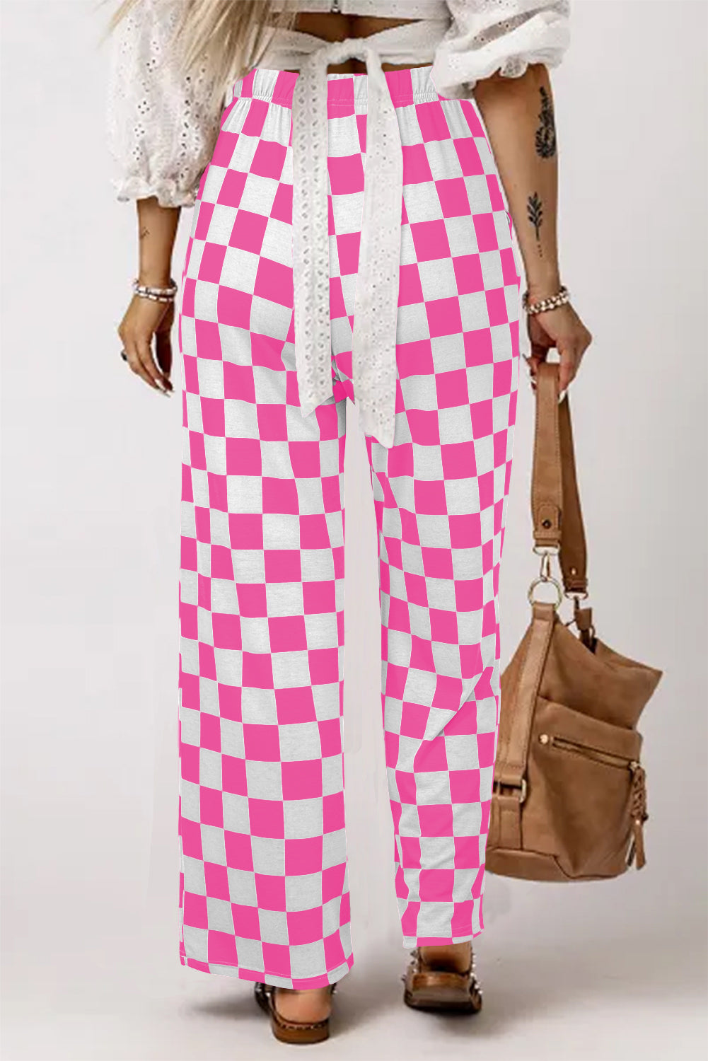 Black 2-Tone Checked Print High Waist Wide Leg Pants