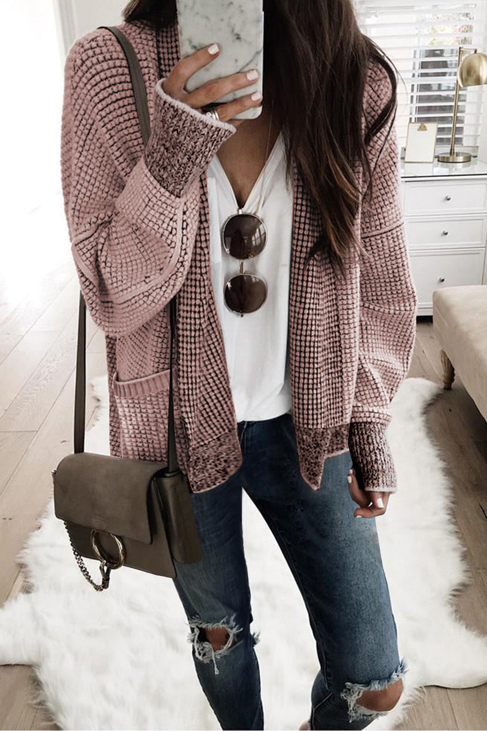 Gray Chunky Waffle Knit Oversized Collar Cardigan