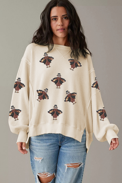 White Thanksgiving Turkey Waffle Oversized Knit Top