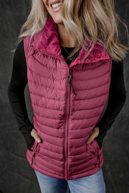 Silvery Plush Collared Quilted Zipped Puffer Vest