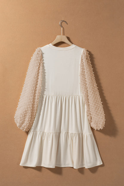 Beige Embellished Puff Sleeve Tiered A-line Dress