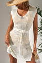 Beige Open Knit Drawstring Waist Beach Dress