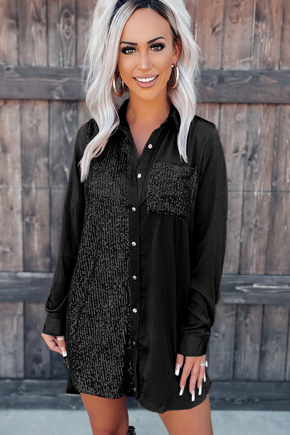 Black Sequin Splicing Pocket Buttoned Shirt Dress