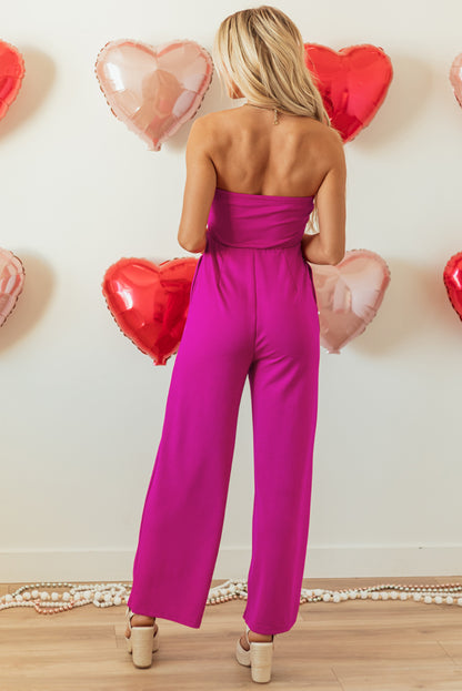 Bright Pink Bowknot Strapless Wide Leg Jumpsuit