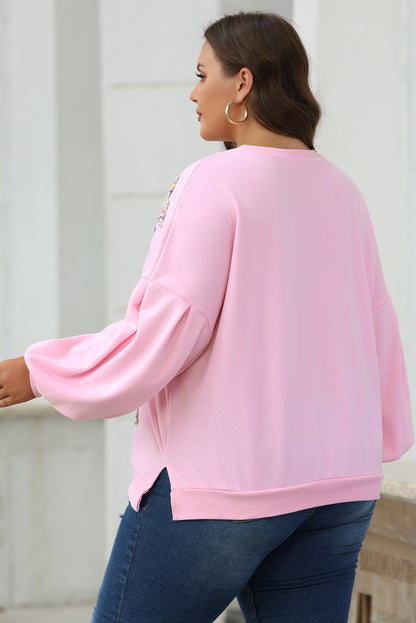 Light Pink Embroidered Bow Lantern Sleeve Oversized Pullover Sweatshirt