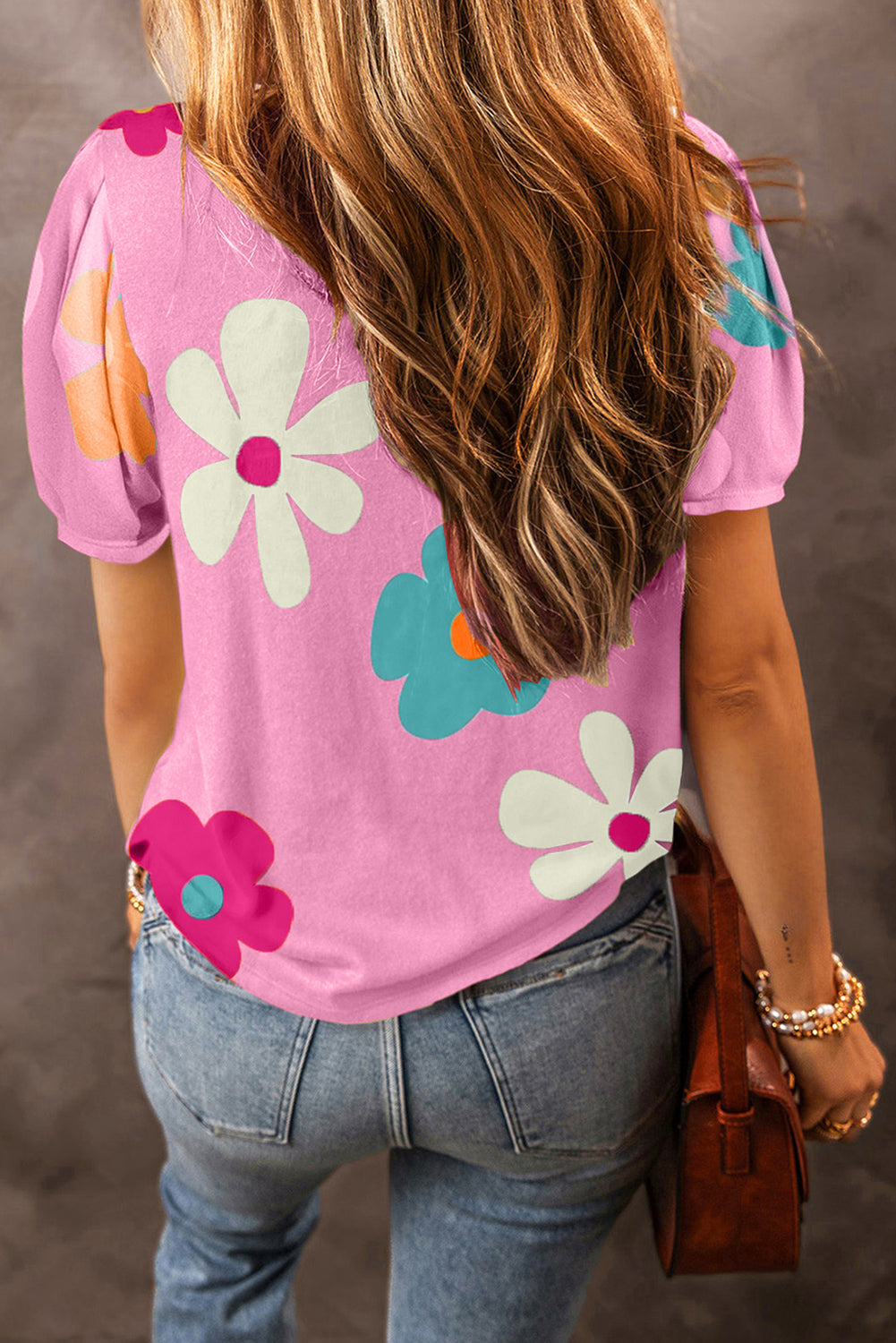 Apricot Flower Print Bubble Sleeve Tee